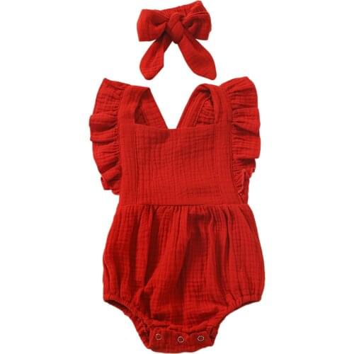 2021 New Baby Girls Romper Clothes Cotton Linen Casual Solid Color Sleeveless Ruffled Playsuit+Hairband for Girls 2PCS Outfits