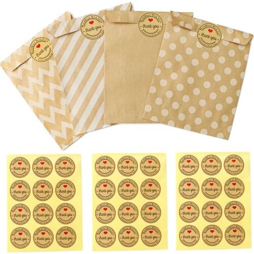 24sets Gift Bag for Snacks Flat Favor Bag Party Treat Paper Popcorn Candy Donuts Prsent Kraft Bags with Thank You Stickers