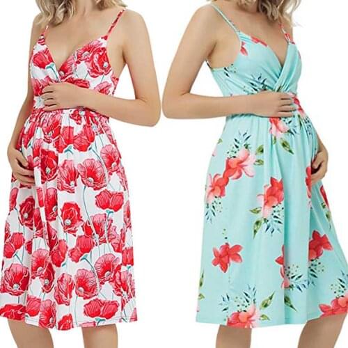 #57 Maternity Dresses Womens Sleeveless Sling Dress Printing Dress Pregnancy Gown For Breastfeeding Vêtements De Grossesse