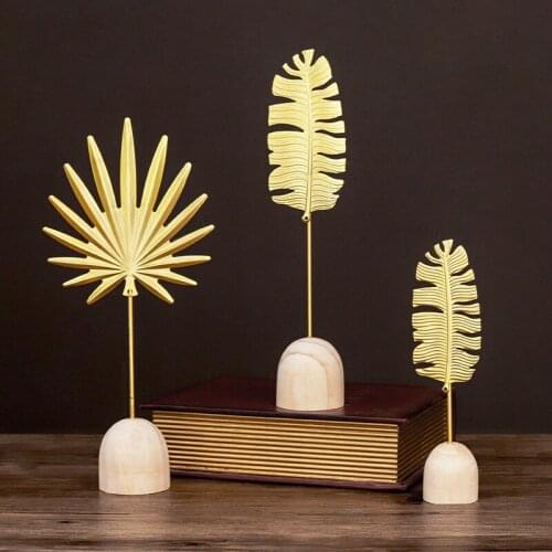 Home Decoration Accessories For Living Room Modern Metal Leaves Model Figurines Desk Decoration Wooden Mini Garden Rustic Decor