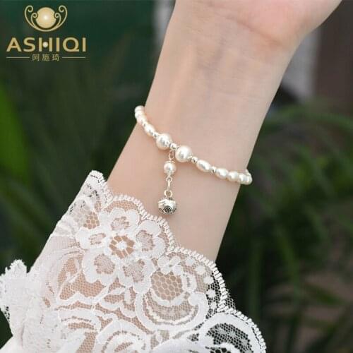 ASHIQI Natural Freshwater Pearl Bell Bracelet Elastic Rope Fashion Jewelry Women 2021 Trend