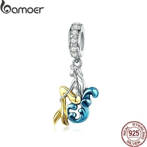 BAMOER Beauty Mermaid Pendant 925 Sterling Silver Enamel Charm fit Original Bracelets & Bangle Necklaces DIY Accessories SCC1166