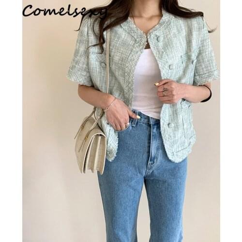 Comelsexy 2020 New Summer Vintage Single Breasted Womens Jacket Chic Short Sleeve Jacket Female Short Outwear Pockets