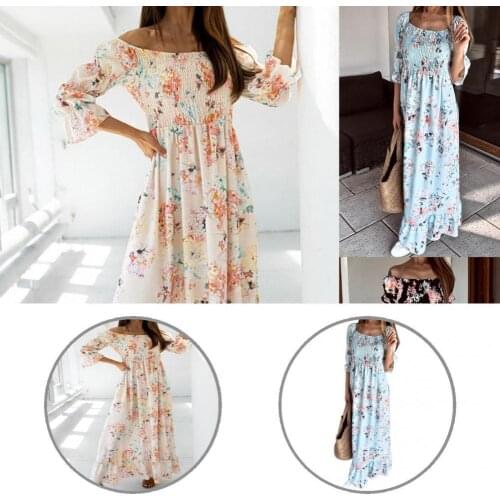 Elegant Dress Floral Print Ankle-Length Bohemia Waist Tight 3/4 Sleeve Maxi Dress Maxi Dress Ladies Clothing