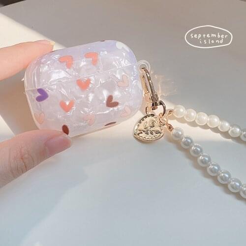 Glossy Love Shell Pearl Bracelet Keychain soft Case for Apple Airpods 1 2 AirPods Pro Case Bluetooth Earphone Accessories Box