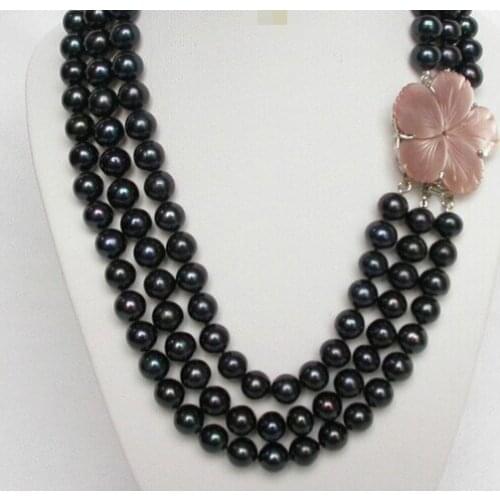 Beautiful 3row 10mm 17" black freshwater pearls necklace