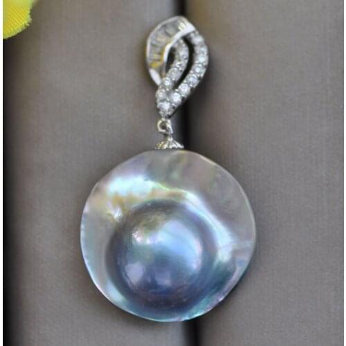Z10938 Huge 22mm Blue Round South Sea Mabe Pearl Pendant CZ