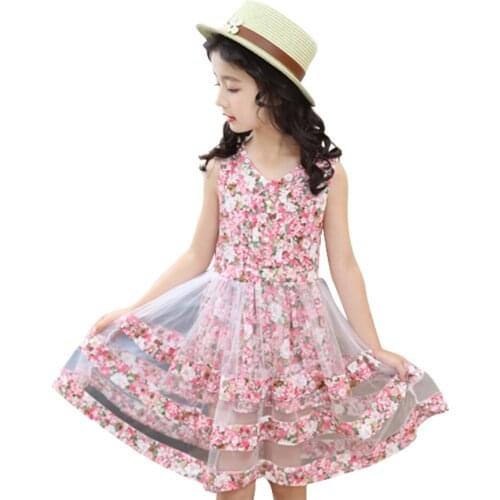 Summer Girls Dress Floral Dress Girls Mesh Children Dress Casual Style Girls Costumes Kids