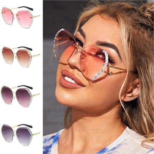 Fashion Women Rimless Sunglasses Diamond Piece Design Sun Glasses Rimless Goggles Anti-UV Spectacles Polygon Adumbral A