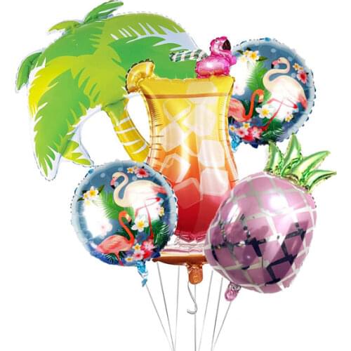 5Pcs Summer Tropical Party Balloons Kit, Giant Cocktail Balloon Flamingo Palm Tree Mylar Balloons Pineapple Balloons for Summer