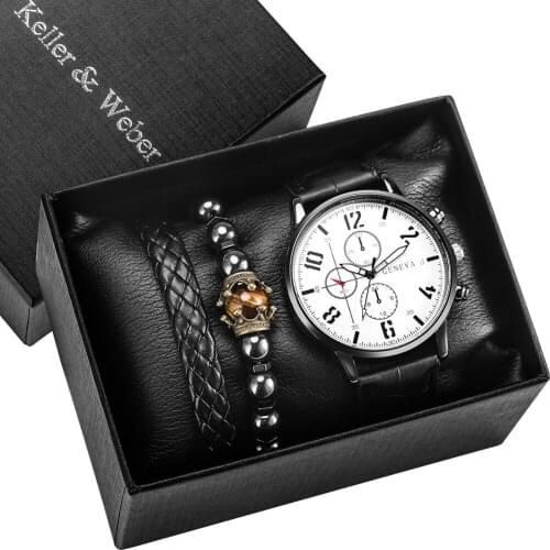 Sport Men WristWatch Set Leather Strap Fashion Quartz Clock Luxury Business Watch Stainless Steel Case Best Present For Friend