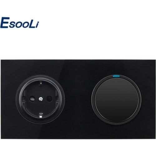 Esooli Black Crystal Glass Panel 16A EU Standard Wall Power Socket 1 Gang 1 Way Pass Through On / Off Light Switch