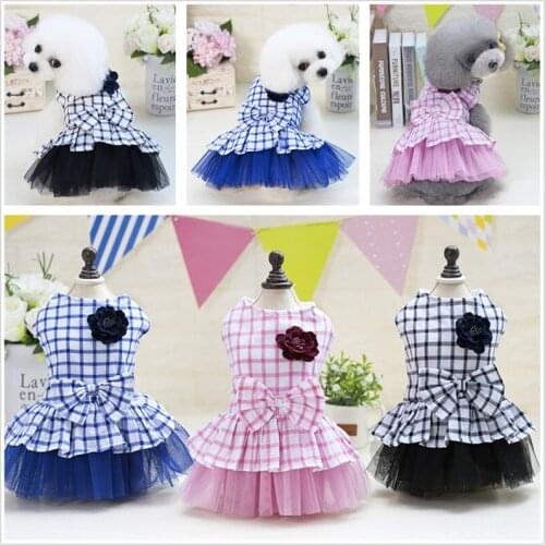 Pet Dog Princess Dress Plaid Cotton Fluffy Yarn Camellia Flower Bow Skirt Puppy Cat Bridesmaid Pengpengskirt Pet Summer Clothing
