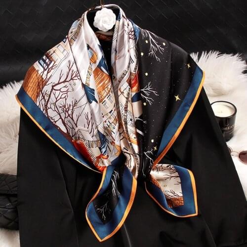 Women 14 mm Silk Square Scarf 88*88cm Dark Printed Neck Scarfs Kerchief for Ladies Hangzhou 100% Silk Bandana Seda Bufanda Mujer