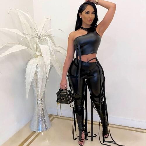 PU Faux Leather Two Piece Outfits for Women Party Club Matching Sets Crop Top Lace Up Bandage Pants 2 Piece Sets Women Outfits