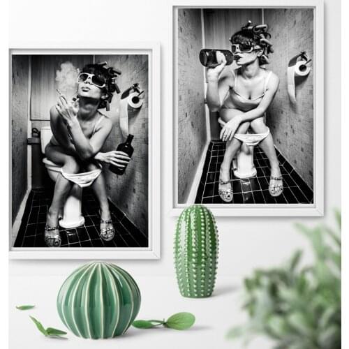 Sexy women sitting on toilets, Nordic canvas posters and art prints, black and white canvas art paintings on the walls