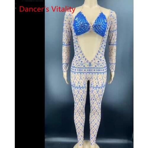 Blue Rhinestone Bra Long Sleeves Transparent Jumpsuit Birthday Leggings Big V-collar Outfit Women Dancer Wear