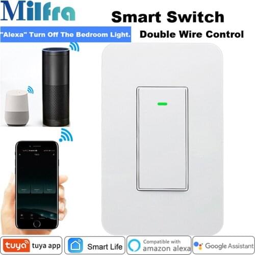 Milfra Double Control Smart Light Switch Neutral Wire Required US 3 Way Light Switch for Google Assistant Alexa Tuya Smart Life