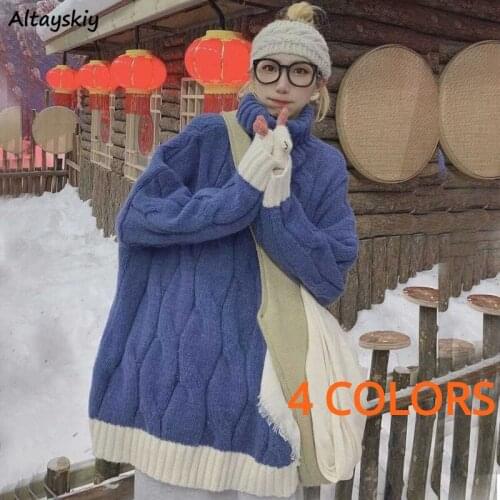 4 Colors Sweaters Women Patchwork Panelled Loose Turtleneck Chic All-match Trendy Knitting Female Pullovers Popular Warm Autumn