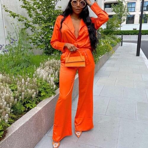 Streetwear Bright Orange Pant Sets Loose V-neck Long Sleeve Shirts High Waisted Flare Pants Elegant Fashion Office Women Outfits