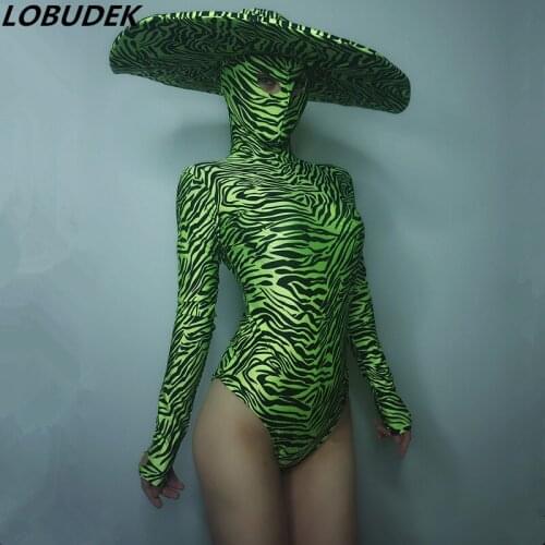 Green Black Zebra Stripes Bodysuit Big Hat Women Nightclub Costume Dance Team Jazz DJ Performance Leotard Catwalk Stage Wear