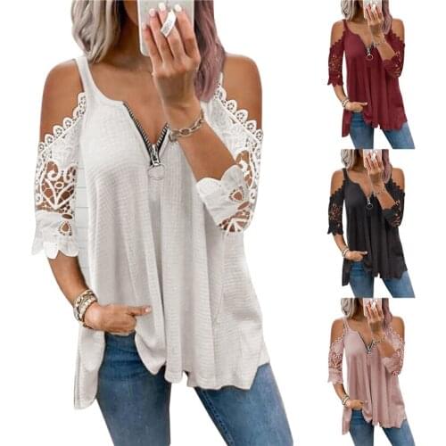 Sexy Summer Half Sleeve Lace Shirt Women Casual Zipper V Neck Loose T Shirt Hollow Out Sling Elegant Pullover Tops