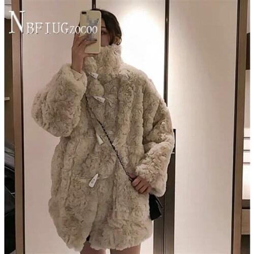 2020 Autumn Winter Imitation Lambswool Women Coat Turtleneck Horn Button Female Jacket