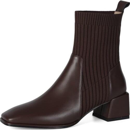 New Women Boots Genuine Cow Leather Fabric Stitching Material 5.3CM Thick Heel Square Toe Fashion Shoes For Autumn Winter