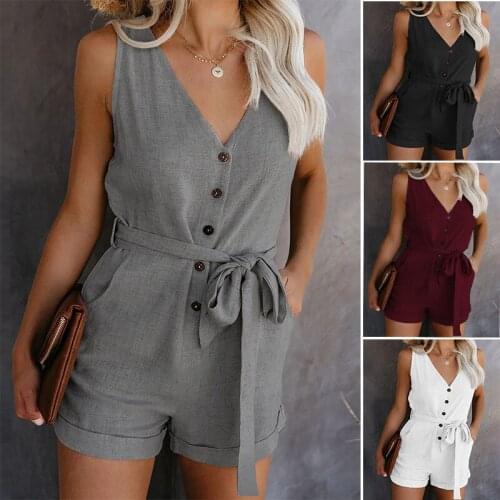 2020 New Women Casual Jumpsuit Retro Button Sleeveless Jumpsuit Lady Mid Waist Straight Belt Bow Womens Shorts V-neck Summer
