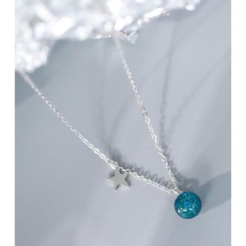 Blue Sand Starlight Glass Ball Star Korean 925 Sterling Silver Clavicle Chain Literary Temperament Female Necklace SNE348