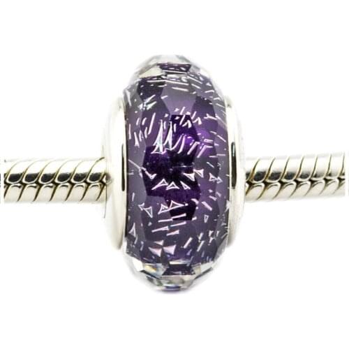 100% Real 925 Sterling Silver Dark Purple Shimmer Murano Glass Bead Charms Fit Pandora Bracelets Beads for Jewelry Making kralen
