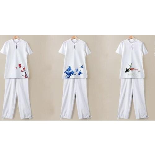 6color cotton&linen women Spring&Summer Ink printing short sleeve yoga suits lay meditation clothing tai chi uniforms