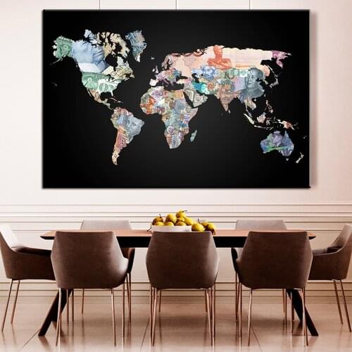 Abstract World Map Wall Art Canvas Paintings Money Map Posters and Prints Wall Pictures for Living Room Home Wall Cuadros Decor