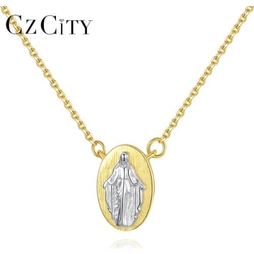 CZCITY Religious Virgin Mary Pendant Necklace for Women 925 Silver Sterling Gold Medallion Necklace Jewelry Catholic Accessories