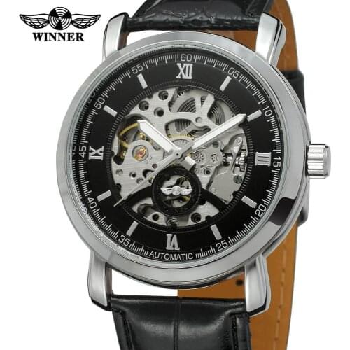 Winner Mens Watches New Fashion Skeleton Automatic Self-Wind Black Leather Strap Best Gift Latest Wristwatch Mechanical Watches