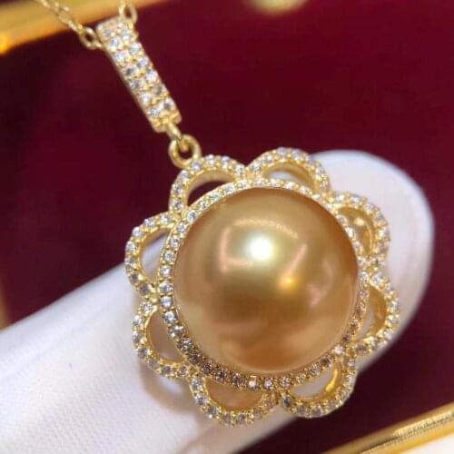 D915 Pearl Pendant Fine Jewelry Gold Filled Round 12-13mm Sea Water Golden Pearls Pendants Necklaces for Women Presents