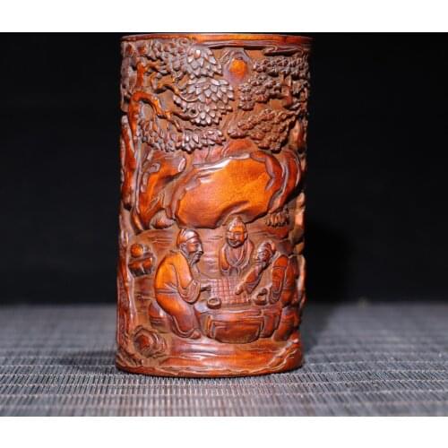 4" China Lucky Old Boxwood Hand-carved Game under the pine tree Pen holder Old man playing chess Office Ornaments Pen holder