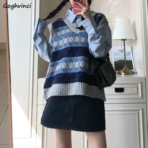 Women Sets College Style Students Solid Oversize Button Long Sleeve Shirts Striped Knitted Loose Vests Streetwear Korean Stylish