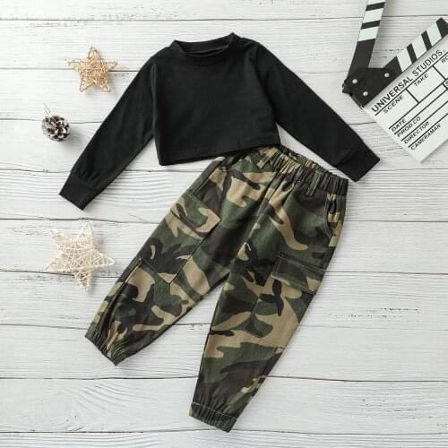 FOCUSNORM 1-6Y Fashion Kids Girls 2pcs Clothes Sets Long Sleeve Solid Pullover Tops Camouflage Pants Outfits