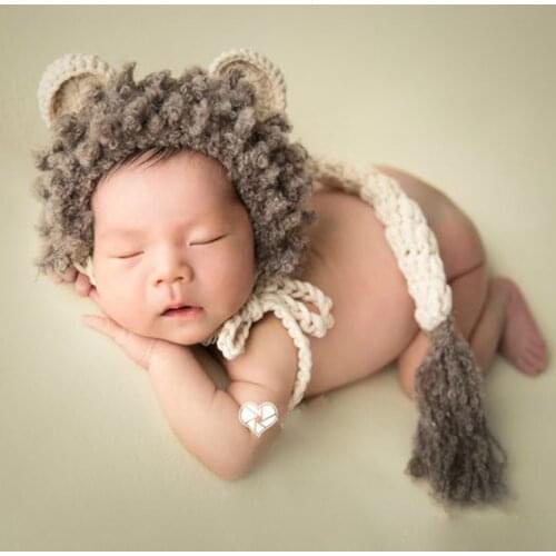 2 Pcs Crochet Knitted Baby Lion Hat with Tail for Newborn Photography Props Infant Photo Clothes Halloween Animal Costume