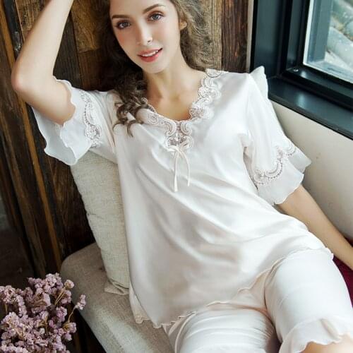 Two Piece Sets Home Soft Cozy Sexy Silk Sleepwear Set Pajamas for Women Short Sleeves Sleepwear Women Pajama Shorts & Sleep Tops