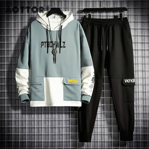 Men Tracksuit Jogging Suit Patchwork Hoodies Set Male Fleece Hoodies+Pants Workout Two Piece Sets Gym Sportswear Suit Clothing