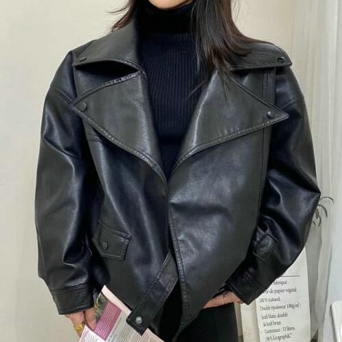 2021 Spring Autumn High Quality Women Black Beige PU Faux Leather Jackets Female Loose Turn-down Collar Free Oversize Wild Coats