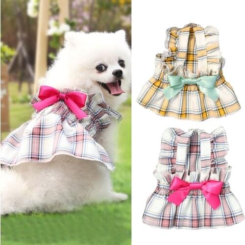 Summer Pet Clothes for Dogs Plaid Dog Dresses for Small Dogs Luxury Chihuahua Shirts Cute Bowknot Decor Dog Dress Cat Costume