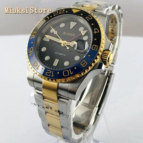 Bliger 40mm sapphire glass one-way rotation ceramics bezel date window GMT luminous automatic mens top luxury watch