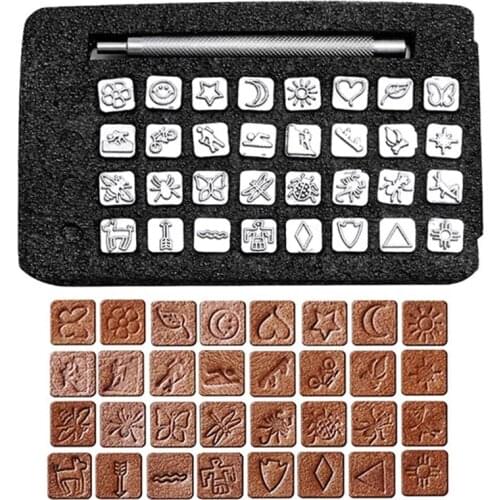 KAOBUY 32Pcs Leather Stamp Tool Kit Punch Tool Patterns Stamps Tools Carving Patterns Handmade Leather Stamp Tools