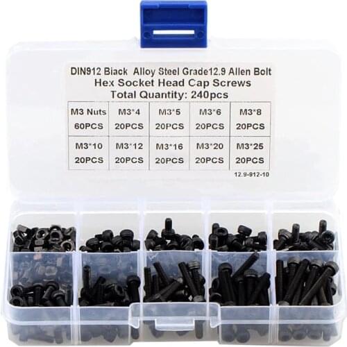 240pcs M3 Black High Strength Hexagon Hex Socket Cap Head Screw Kit 12.9 Grade Carbon Steel Allen Screw with Nut Combination Set