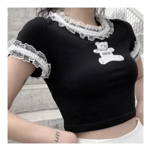 2021 new cute lace bear t-shirt womens slim all-match top y2k tops graphic t shirts gothic punk clothes shirts for women