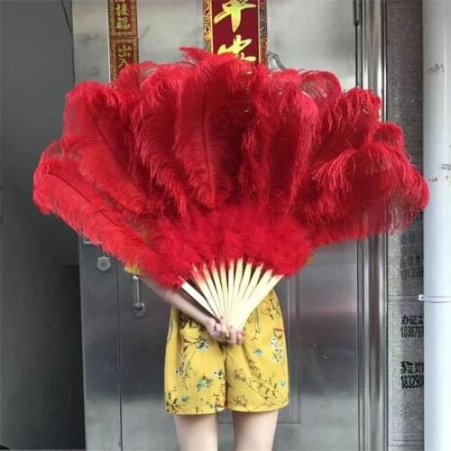 Wholesale 1pcs/lot High Quality Ostrich Feather Fan For Carnival Party Craft Dance Performance Red 13bars Feather Fan Plumas
