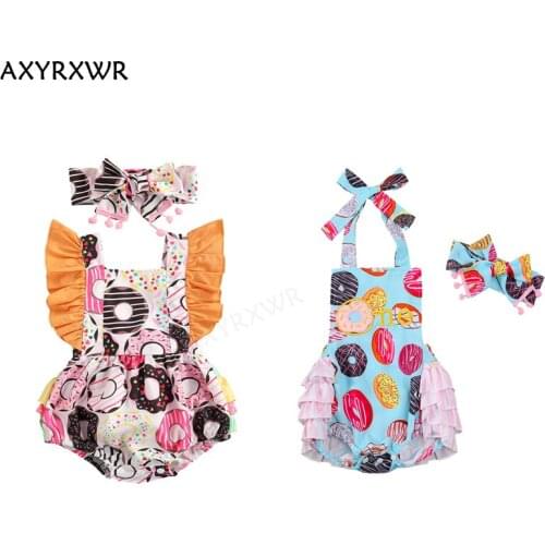 0-24M Lovely Infant Baby Girls Summer Rompers Sleeveless Backless Ruffles Donuts Print Jumpsuits Headband Cotton Casual Outfits
